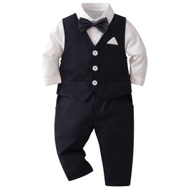 amokk Baby Boy Formal Wear Bow Tie and Vest Outfit for 1st 2nd Birthday Party Suits Toddler Clothing Set (Navy, 9-12 M)