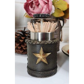Ebros Gift Rustic Lone Western Star Cowboy Sherriff Faux Tooled Leather Toothpick Holder with Push Spring Barrell Hand Painted Sculpture Wild West Home Kitchen Bar Dining Accent
