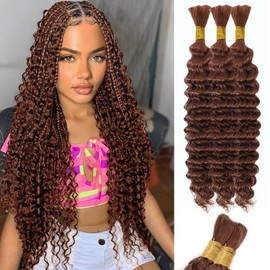 Brown Human Braiding Hair Deep Water Wave Bulk Human Hair 150g 22 Inch Color 30 Curly Human Hair for Boho Braids Hair Extensions No Weft 3 Braids Per Pack Wet and Wavy Human Hair Braiding Hair