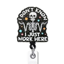 YAZMEEN Funny Skeleton Skull Badge Reel Gifts - I Don't Know I Just Work Here - Retractable Badge Holder with Clip - Black Glitter Acrylic ID Card Holder - Gifts for RN ER Nurse Doctor Medical Work