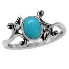 Silvershake 8X6mm Genuine Oval Shape Arizona American Turquoise 925 Sterling Silver Leaf Vintage Inspired Ring Jewelry for Women Size 10