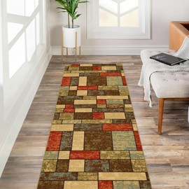 Kapaqua Custom Size Multicolor Stone Boxes Rubber Backed Non-Slip Hallway Stair Runner Rug Carpet 31 inch Wide Choose Your Length 31in X 8ft