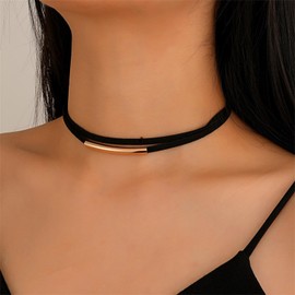Allereya Vintage Layered Velvet Choker Necklace Gold Bar Choker Necklace Short Black Suede Necklace Boho Leather Necklace Jewellery for Women and Girls (Gold), Zinc, No Gemstone