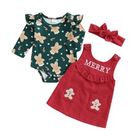 Adobabirl My First Christmas Baby Girl Outfit Ruffle Long Sleeve Romper Corduroy Overall Dress Headband Cute Fall Clothes (Gingerbread Man Green, 3-6 Months)