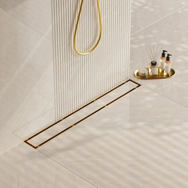 Neodrain 32-Inch Gold Linear Shower Drain, 2-in-1 Flat & Tile Insert Cover, Stainless Steel Linear Drain, Brushed Brass Rectangle Shower Floor Drain with Hair Strainer, CUPC Certified