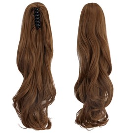 OMGREAT Claw Clip in Ponytail Hair Extension Synthetic Hair One Piece Clip on Hairpieces Curly 18 inch Light Auburn (150g)