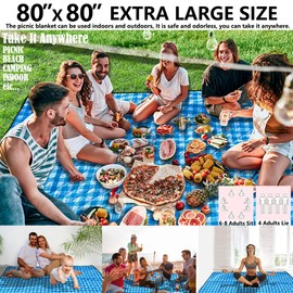Picnic Blankets Machine Washable, 80''x80'' Extra Large Waterproof Sandproof Foldable Compact Beach Blanket, Oversized XL Outdoor Mat for Spring Summer Camping, Park, Travel Grass(Blue and White)