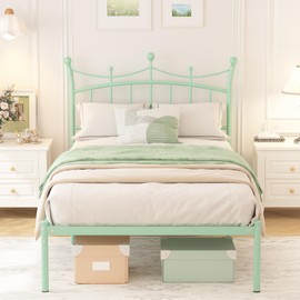 Weehom Twin Bed Frames with Headboard, Heavy Duty Metal Platform Easy Assembly No Box Springs Needed Twin Sized Bed for Kids Adults, Mint Green