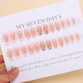 Long Press on Nails Square Flower Fake Nails with Gold Rhinestone Designs White French Tip Artificial Stick on Nails Spring Glue on Nails Acrylic Nails for Women and Girls Manicure Kit 24Pcs