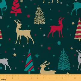 Wild Elks Fabric by The Yard,Retro Christmas Watercolor Animals Trees Material by The Yard,Colorful Abstract Snowflake Fabric Panels for Quilting,New Year Decor Sewing Fabric,1 Yard