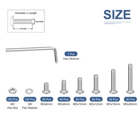 DTGN 400Pcs M3 Button Head Socket Cap Screws - 304 Stainless Steel Full Thread 6/8/10/12/16/20mm Bolt Nut Set Washer Assortment Kit & Wrench - Good for Machine, Furniture