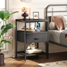 SUPERJARE Night Stand with Charger Station, 27.7 Inch Tall Nightstand with Adjustable Fabric Drawer, Bed Side Table, Fabric Drawer Dresser for Bedroom, Living Room, Black