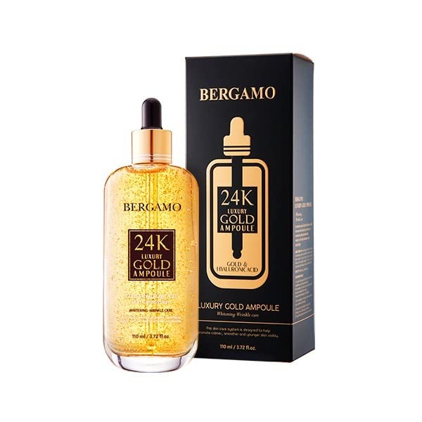 Bergamo Luxury 24K Gold & Hyaluronic Acid Serum/Ampoule 3.72fl oz/110mL | Made in Korea K Beauty Korean Skin Care Real 24K Gold Wrinkle Care Skin Brightening Moisturizer