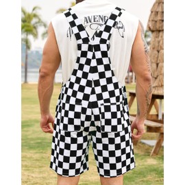 Odefou Checkered Bib Overalls for Men Jumpsuit Shorts Work Coveralls, Black and White Checkered, XX-Large