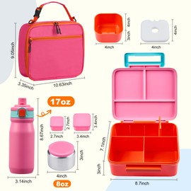 Bento Lunch Box for Kids with 8oz Soup Thermo, Leak-proof Lunch Food Containers with 5 Compartment, Insulated Lunch Bag & 17oz Stainless Steel Water Bottle for School, Trvael