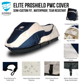 EliteShield Trailerable Jet Ski Cover, Heavy Duty Waterproof Marine Grade 600D Solution-Dyed Polyester PWC Cover, Fits from 103" to 115" 1 or 2 Seater, Two Tone Navy/Gray Color