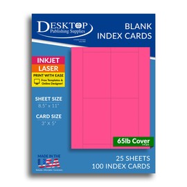 65lb Bright Pink Printable Index Cards 3x5 - Index Card Sheets for Inkjet & Laser Printers - Perforated cards 4 per page - 25 Sheets / 100 Index Cards