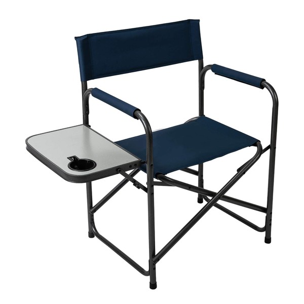 Pacific Pass Directors Camp Chair w/ Built-In Side Table and Cup Holder, Collapsible - Alloy Steel, Navy