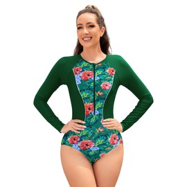SHEKINI Rash Guard Swimsuits for Women Quick Dry One-Piece Swimming Costumes Zip Up Surf Suit Long Sleeves Elastic Swimwear, Green (green flower), S