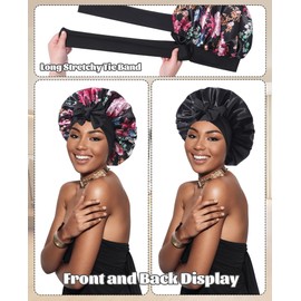 Satin Bonnet Silk Bonnet for Sleeping Silk Sleep Cap Double Layer Hair Bonnet with Elastic Tie Band for Curly Hair Night Cap(Black(Flower))
