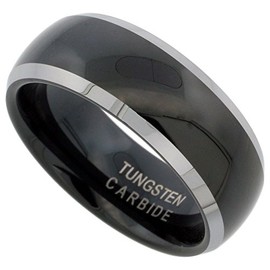 Sabrina Silver Tungsten Carbide 8 mm Domed Wedding Band Ring Two-Tone Black Finish Beveled Edges Size 10