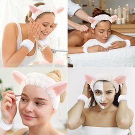 Cat Ears Headband, 3PCS Cute Spa Headbands and Wristband Set, Animal Ears Headbands for Washing Face Soft Elastic Skincare Headband Makeup Facial Hairband for Women Girls, White