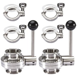 Pindex 2 Pack 2 Inch Heavy Duty Butterfly Valves with Pull Handle and 4 Pcs 2" 190g Heavy Duty Tri Clamp with Silicone Gasket 304 Stainless Steel Sanitary TC Fittings