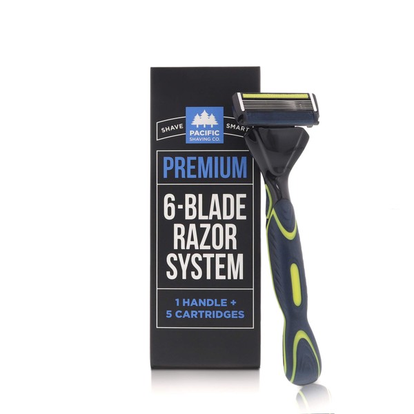 Pacific Shaving Company Premium 6-Blade Razor System - Pivoting Head with Ergonomic Weighted Handle and Lubrication Strip (1 Razor Handle + 5 Blade Refills)