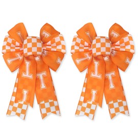 2PCS Tennessee Wreath Bows White Orange Checkered Burlap Bows for Wreaths, Sports Party Fabric Linen Ribbon Bow for Tennessee Vols Gifts Home Indoor Outdoor Decoration Wreath Ornament Supplies