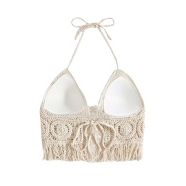 GORGLITTER Bikini Cover Up Top Women's Cover Up Beach Top Knitted Crochet Crop Top Beach Poncho Summer Halterneck Tankini Top, Lace Apricot, M