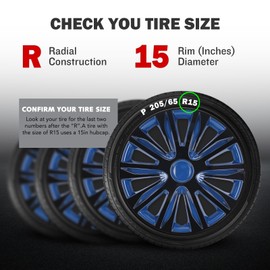 AUTOWIKI 15 Inch Universal Hubcaps, Set of 4 R15 ABS Wheel Rim Covers, Auto Tire Cover Replacement Exterior Hub Cap Cover - Black & Blue Lacquer