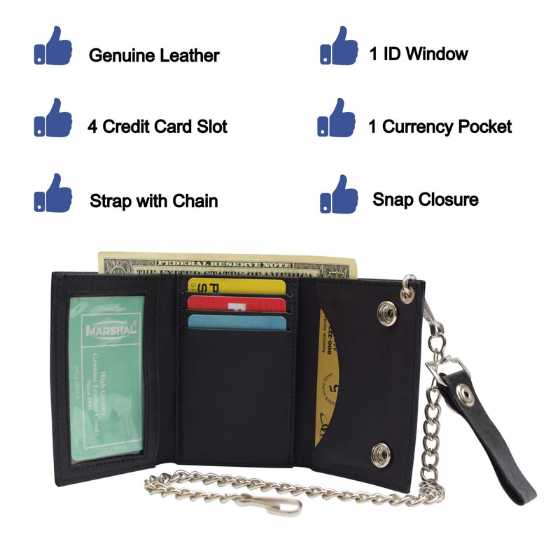 BLACK GENUINE LEATHER Trifold Biker's Wallet ID Card Holder w/Chain