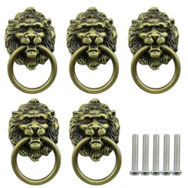 Tegg 5PCS Ancient Bronze Chinese Style Lion Head Pull Handle with Knob Ring for Furniture Door Cabinet Drawer Cupboard Closet