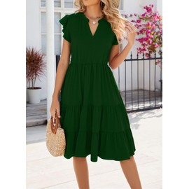 Womens Casual Dress Ruffle Sleeve V Neck Midi Dresses Fit Flowy Tiered Boho Beach Vacation Sundress with Pockets Dark Green Large