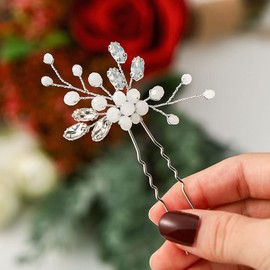 Heread Crystal Bride Wedding Hair Pins Silver Opal Rhinestones Bridal Hair Piece Bead Hair Accessories for Women and Girls (Pack of 2)