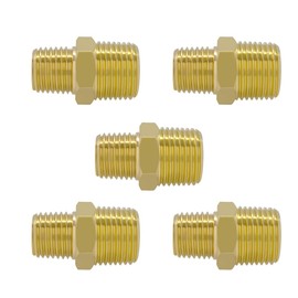 5 Pack, FloFlex Brass Reducing Nipple 1/4 x 3/8, 1/4" Male NPT x 3/8" Male NPT Hex Thread Adaptor, 5 Pcs