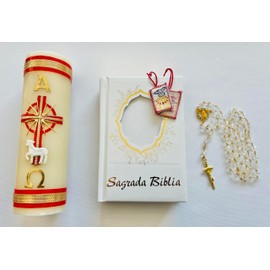 Set Para Confirmación: Vela con Cruz Roja (8" x 3"), Biblia Dorada en Espanol (6.5" x 4.5"), Escapulario Tejido de Hilo y Rosario de Cristal Dorado