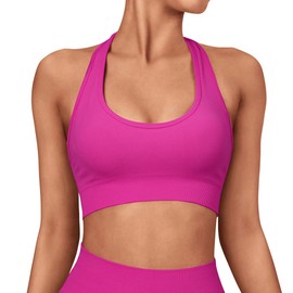 SUUKSESS Women Seamless Halter Sports Bra Open Back Padded Workout Crop Tank Tops (Hot Pink, M)