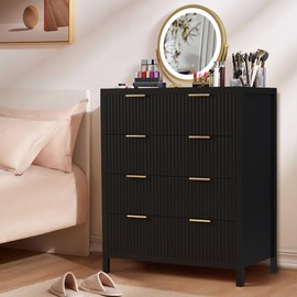 affeivul Mid Century Modern Dresser, 4 Drawer Dresser for Bedroom Wood, Wide Wooden Storage Cabinet Side Table with Solid Wood Legs, Tall Skinny Nightstand for Closet, Living Room (Black)