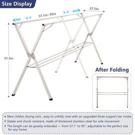 95 inches Foldable Clothes Drying Rack, Heavy Duty Stainless Steel Laundry Drying Rack for Indoor Outdoor, Clothes Rack Adjustable Length. 3 Additional Reinforcement Bars with 20 Windproof Hooks