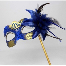 LADIES BLUE & GOLD CRYSTAL JEWELLED EYES VENETIAN MASQUERADE CARNIVAL PARTY EYE BALL MASK ON A STICK