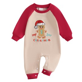 MAHUAOYIXI Baby Christmas Outfits Jumpsuit Gingerbread Man/Letter Embroidered Infant Baby Long Sleeve Christmas Romper for Fall Winter Newborn Baby Boys Girls Clothes (Red, 9-12 Months)