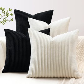 JOTOM Set of 4 Corduroy Striped Soft Cushion Covers 50x50 cm Boho Decorative Throw Pillow Covers Square Pillowcase Couch Home Decor Pillow Covers for Sofa Bedroom (Cream White Black)
