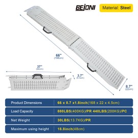 BEJONI 66" Folding Truck Ramps, 880 Lbs Capacity Steel Loading Ramps for Pickup Trucks, Foldable Ramp for Lawn Mower, Motorcycle, Dirt Bike, ATV, UTV, Trailer, 2-Pack