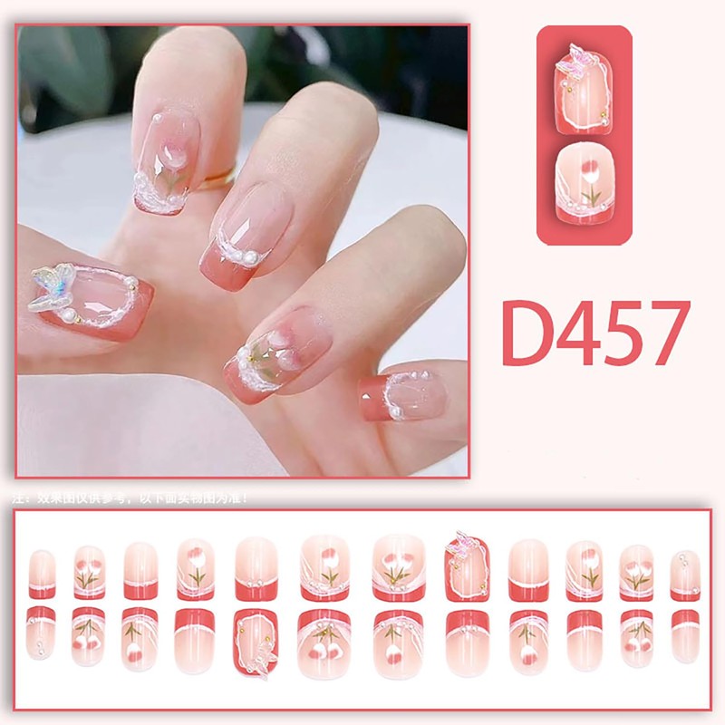 Press on Nails Medium Square Tulip Flower Pearl Crystal Butterfly