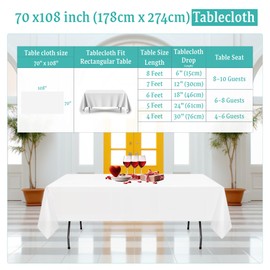 Trimming Shop Rectangle Polyester Tablecloth, 70" x 108" Premium Linen Table Cover, Washable Fabric Table Cloth for Dining Table, Banquets, Weddings, Parties, White, 1pc