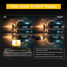 CORSAHD 4K@60Hz HDMI 2.0 Splitter 2 in 2 Out with Audio Extractor Supports ARC,e-ARC,soundbar,downscale,HDCP Bypass,HDR,CEC,EDID,SPDIF,IR Remote,HDMI Swtich 2 in for soundbar