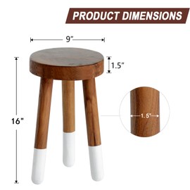 JOLLYMER Teak Wood 9" Round Plant Stand |Dip Dyed Plant Stand |Accent Stool |Milking Stool |Bath Stool |Small Side Table (16" Tall White)