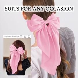 Silky Satin Hair Bows for Women Big Pink Bow Hair Clips for Girls Large Hair Barrettes Cute with Long Tails Party Hair Accessories for Thick & Thin Hair（pink）