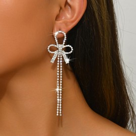 Bow Earrings for Women Rhinestone Long Tassel Dangling Earrings Sparkling Crystal Earrings Silver Prom Earring Chandelier Statement Tassel Earring Luxury Bridal Jewelry for Prom Wedding (Silver2)
